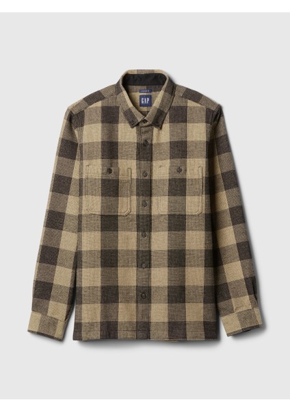 Erkek Kahverengi Waffle Örgü Flannel Gömlek