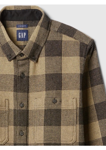 Erkek Kahverengi Waffle Örgü Flannel Gömlek