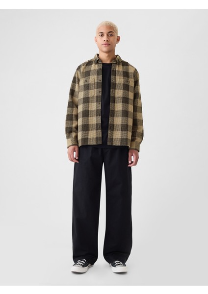 Erkek Kahverengi Waffle Örgü Flannel Gömlek