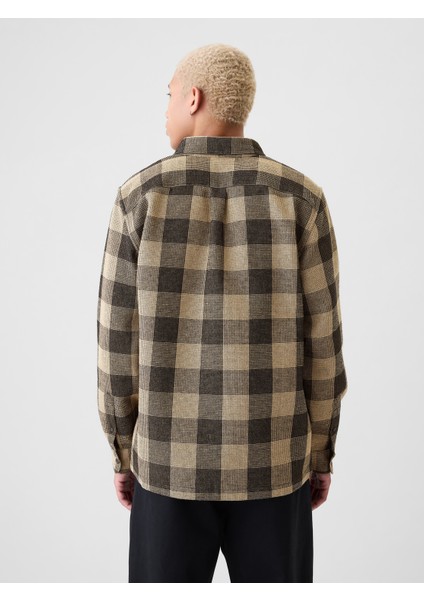 Erkek Kahverengi Waffle Örgü Flannel Gömlek