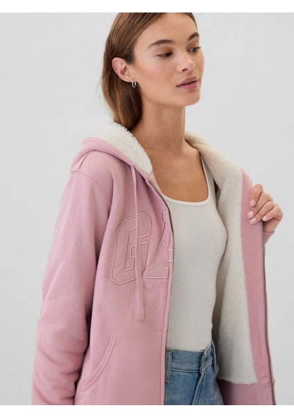 Kadın Pembe Logo Relaxed Sherpa Fermuarlı Sweatshirt modelleri