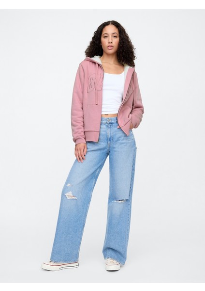 Kadın Pembe Logo Relaxed Sherpa Fermuarlı Sweatshirt fırsatları