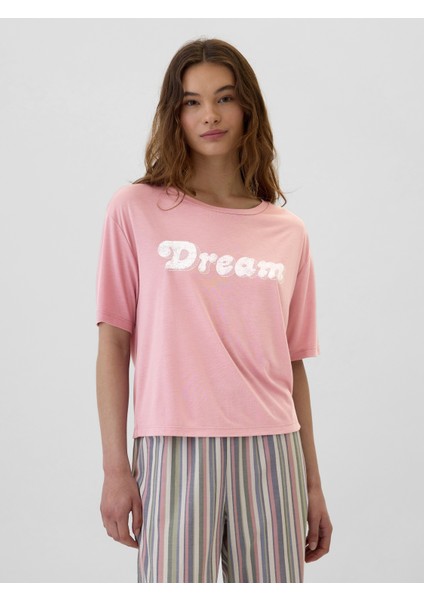 Kadın Pembe Relaxed Grafikli Pijama Üstü