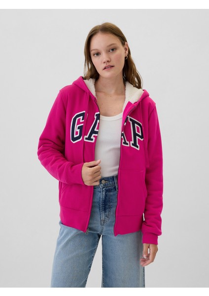 Kadın Pembe Logo Relaxed Sherpa Fermuarlı Sweatshirt