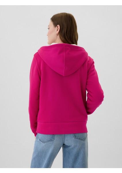 Kadın Pembe Logo Relaxed Sherpa Fermuarlı Sweatshirt