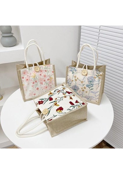 Turuncu Keten Tote Çanta Saklama Çantası Öğle Yemeği Çantası Tote Çanta Çanta Bento Çantası Düğme Toka Sevimli Çiçek Baskı Piknik Gıda Bento Çantası (Yurt Dışından) modelleri