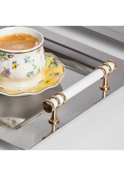 Yüzük 2li Paslanmaz Çelik Gümüş Kahve Tepsisi Gold Beyaz Detaylı Dekoratif Servis Sunum Tepsisi fırsatları