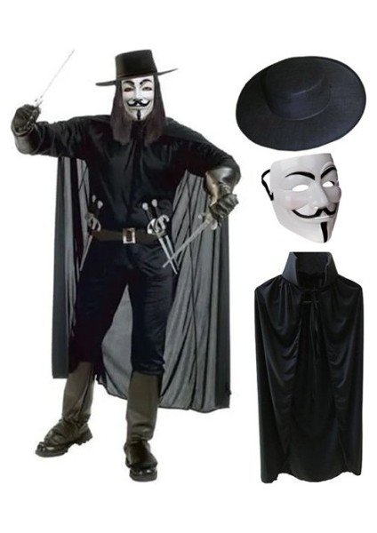 V For Vendetta Maskesi Şapka Pelerin Seti