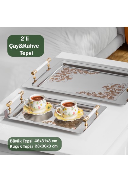 Yüzük 2li Paslanmaz Çelik Gümüş Kahve Tepsisi Gold Beyaz Desenli Dekoratif Servis Sunum Tepsisi