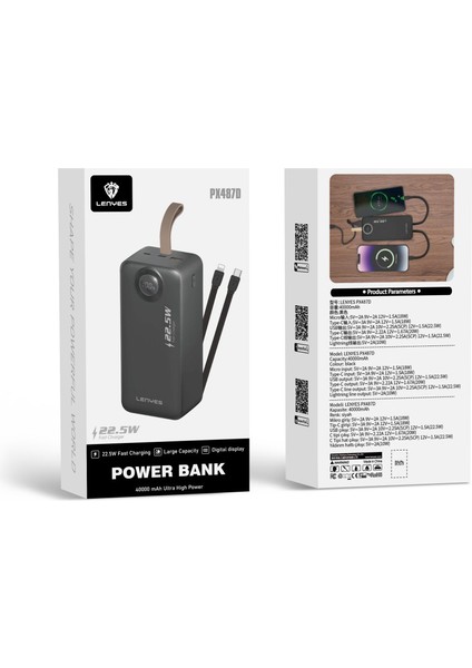 PXD487D Dijital Göstergeli Type-C ve Lightning Kablolu Askılı Powerbank 22.5W 40.000MAH Siyah