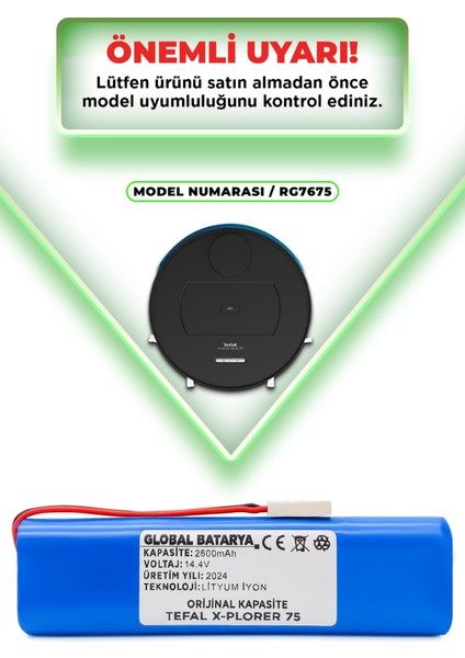 Tefal X-Plorer 75 Uyumlu Akıllı Robot Süpürge Bataryası 14.4V 2600MAH Li-Ion Pil ( Kapasite)