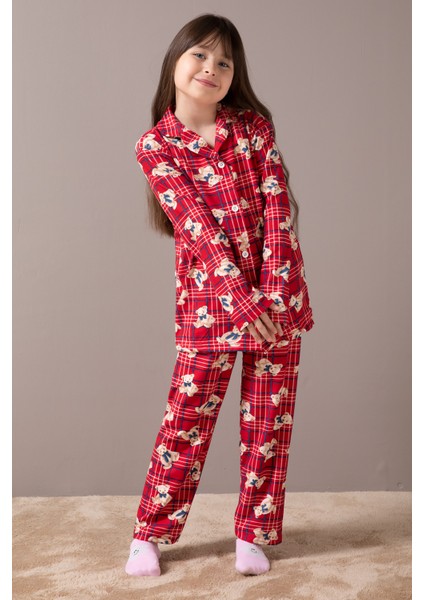 Kırmızı Ayıcıklı Ekose Desen Kız Çocuk Düğmeli Pijama Takımı 19855