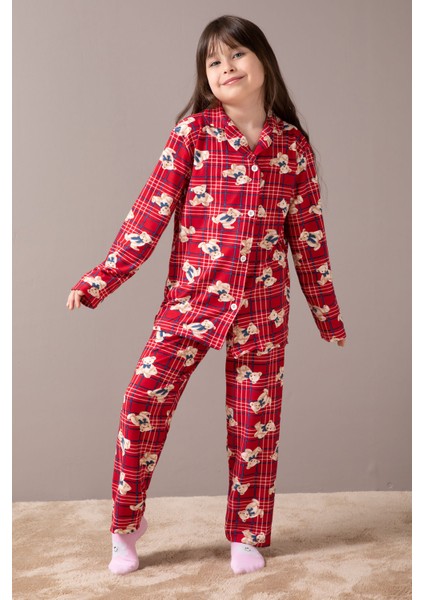 Kırmızı Ayıcıklı Ekose Desen Kız Çocuk Düğmeli Pijama Takımı 19855 modelleri