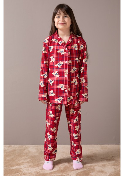 Kırmızı Ayıcıklı Ekose Desen Kız Çocuk Düğmeli Pijama Takımı 19855 fırsatları