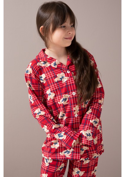 Kırmızı Ayıcıklı Ekose Desen Kız Çocuk Düğmeli Pijama Takımı 19855 fiyatları
