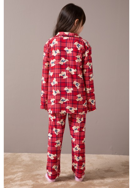 Kırmızı Ayıcıklı Ekose Desen Kız Çocuk Düğmeli Pijama Takımı 19855 indirimleri
