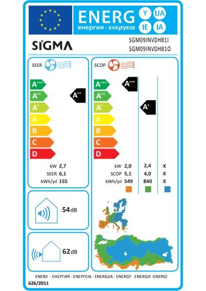 2024 Model Sigma Plus A++ 9000 Btu Inverter Klima R32 Wi-Fi