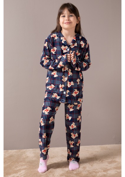 Lacivert Ayıcıklı Ekose Desen Kız Çocuk Düğmeli Pijama Takımı 19854