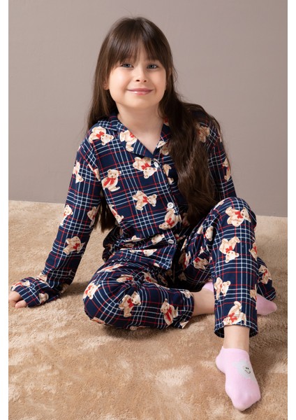 Lacivert Ayıcıklı Ekose Desen Kız Çocuk Düğmeli Pijama Takımı 19854 fiyatları