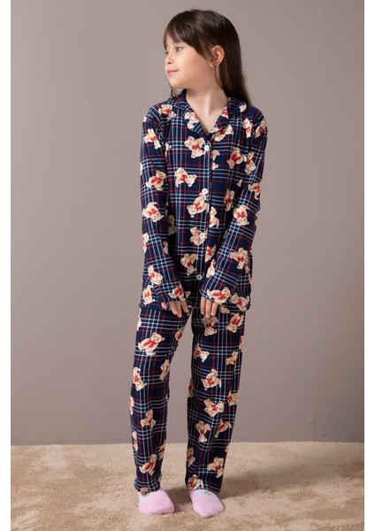 Lacivert Ayıcıklı Ekose Desen Kız Çocuk Düğmeli Pijama Takımı 19854 modelleri