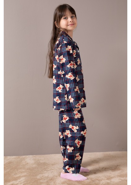 Lacivert Ayıcıklı Ekose Desen Kız Çocuk Düğmeli Pijama Takımı 19854 fırsatları