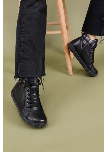 Datare Kadın Hakiki Deri Siyah Gri Ekose Bot