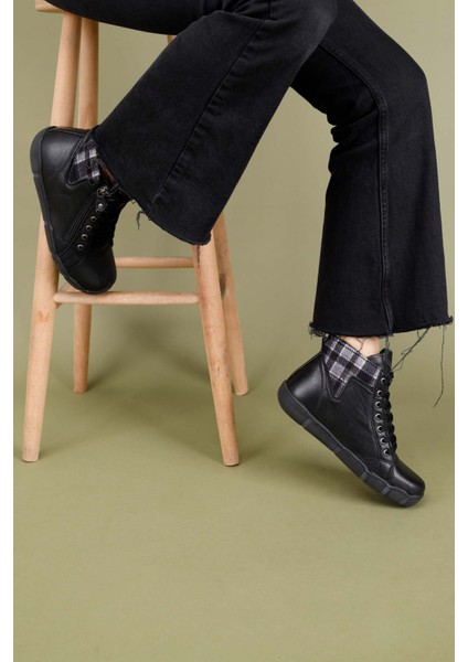 Datare Kadın Hakiki Deri Siyah Gri Ekose Bot modelleri