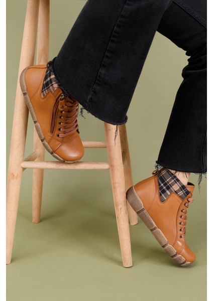 Sanfal Kadın Deri Koyu Taba Ekose Bot