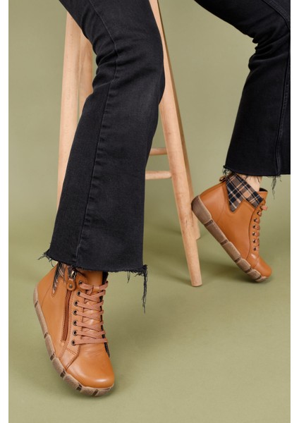 Sanfal Kadın Deri Koyu Taba Ekose Bot modelleri