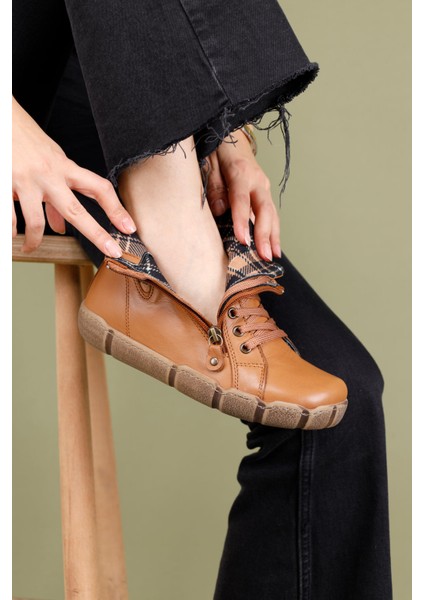 Sanfal Kadın Deri Koyu Taba Ekose Bot fırsatları