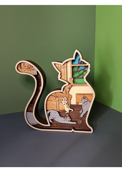 Ahşap Çok Katmanlı Kediler Dekoratif Obje 20x20 Kahverengi