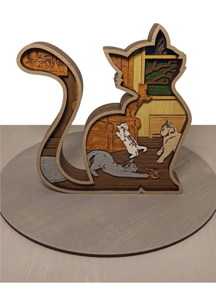 Ahşap Çok Katmanlı Kediler Dekoratif Obje 20x20 Kahverengi
