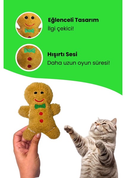 Yılbaşı Temalı Kedi Oyuncağı Hışırtı Sesli Peluş Kurabiye - Gingerbread Sesli Kedi Oyuncağı