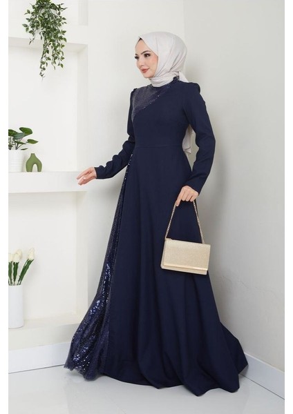 Kadın Giyim Abiye Moda Pullu Krep Uzun Tesettür Ebiye Elbise 2719