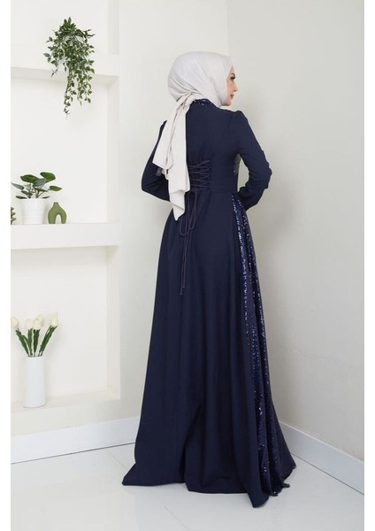 Kadın Giyim Abiye Moda Pullu Krep Uzun Tesettür Ebiye Elbise 2719