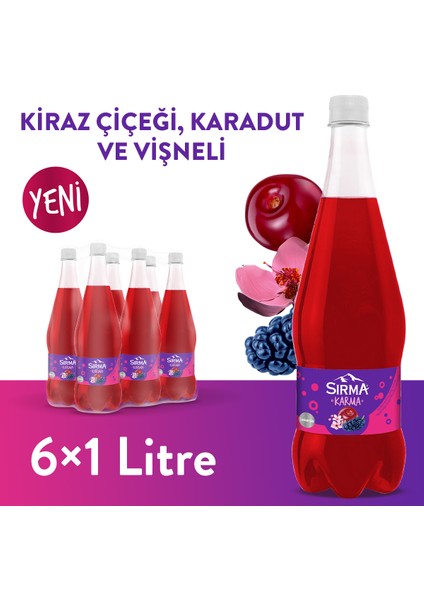 Karma Karadut ve Kiraz Çiçeği Aromalı Vişneli Doğal Maden Suyu 1 L X6 Adet