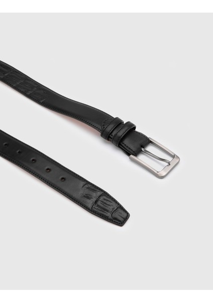 Owens Erkek Kemer Siyah Antik Timsah Baskı Deri