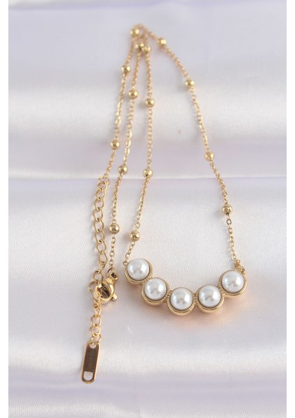 316L Çelik Zincir Altın Renk Sıralı Inci Taşlı Kolye - TJ-BKO8655 fiyatları