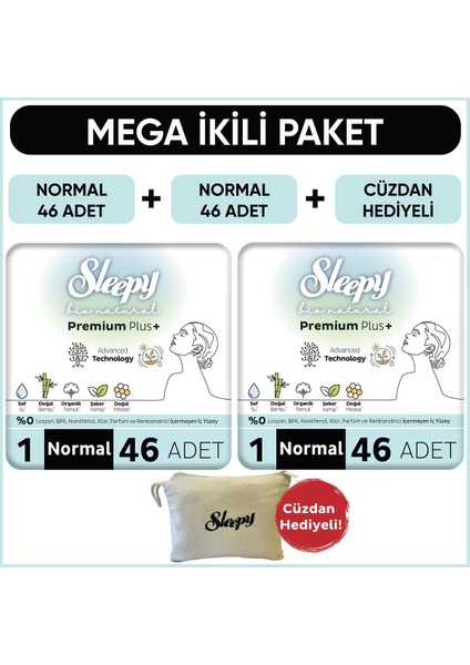 Bio Natural Premium Plus Hijyenik Ped Mega Paket Normal 46X2 (92 Adet)