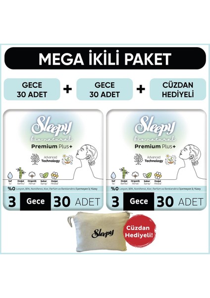 Bio Natural Premium Plus Hijyenik Ped Mega Paket Gece 30X2 (60 Adet)