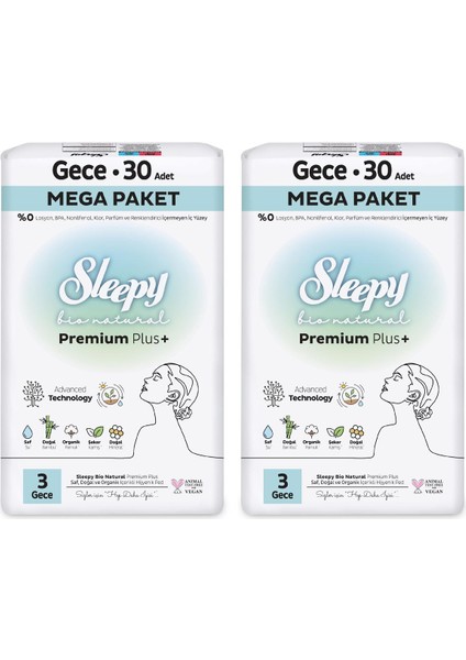 Bio Natural Premium Plus Hijyenik Ped Mega Paket Gece 30X2 (60 Adet)