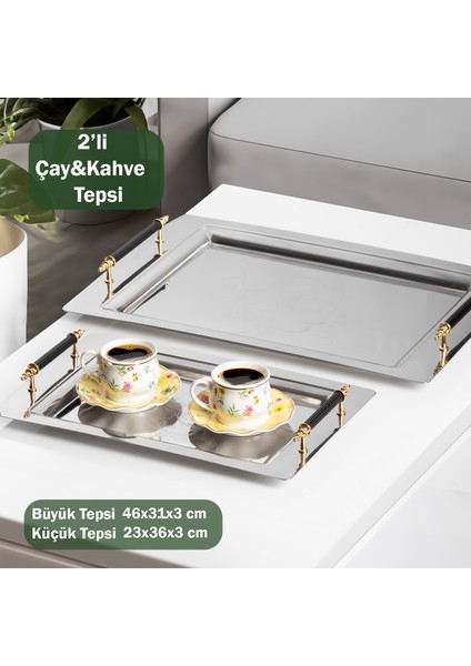 Gold 2li Paslanmaz Çelik Gümüş Kahve Tepsisi Gold Siyah Desenli Dekoratif Servis Sunum Tepsisi