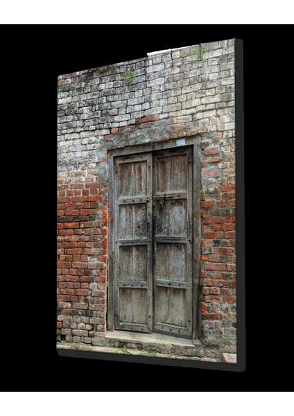 Taş Duvarlar ve Ahşap Kapı Görselli Dikey Cam Tablo fiyatları