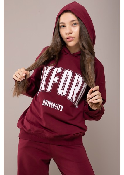 Bordo Oxford Baskılı Kapüşonlu Kız Çocuk Eşofman Takımı 19831