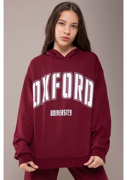Bordo Oxford Baskılı Kapüşonlu Kız Çocuk Eşofman Takımı 19831
