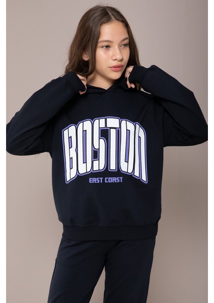 Lacivert Boston Yazılı Kapüşonlu Kız Çocuk Eşofman Takımı 19830 modelleri