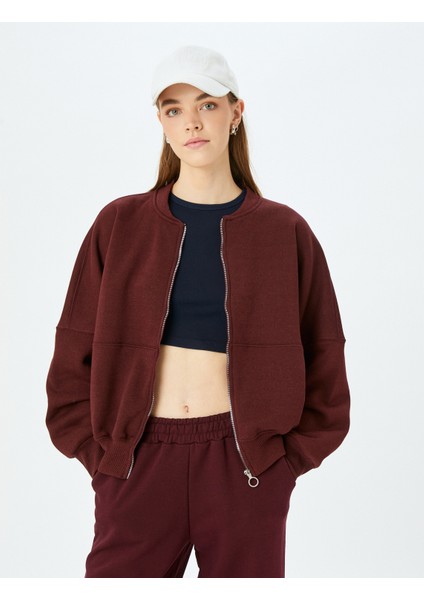 Oversize Fermuarlı Sweatshirt Dikiş Detaylı Bisiklet Yaka