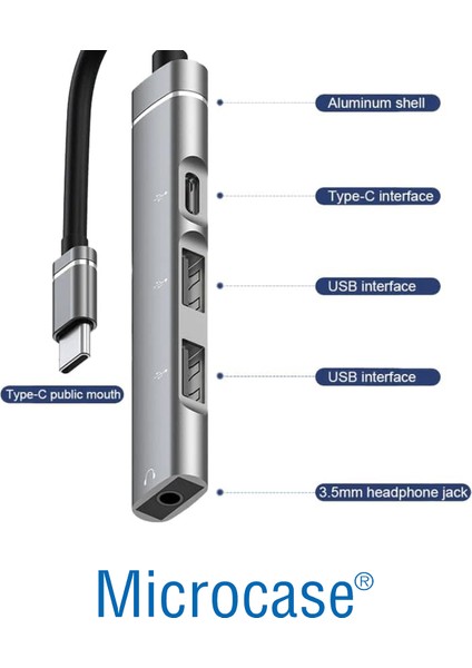 Type C + Çift USB + 3.5mm Jack Girişli 4in1 Port Çoğaltıcı Hub Adaptör - AL4612