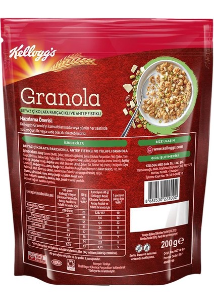 Beyaz Çikolata Parçacıklı&antep Fıstıklı Granola 200 Gr,%46 Yulaf Içerir,lif Kaynağı