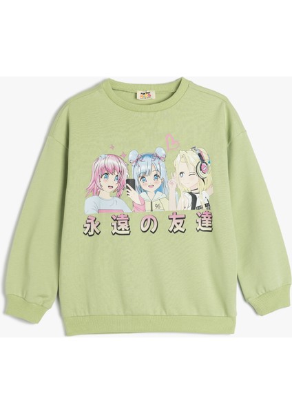 Sweatshirt Anime Baskılı Uzun Kollu Bisiklet Yaka Pamuklu Şardonlu